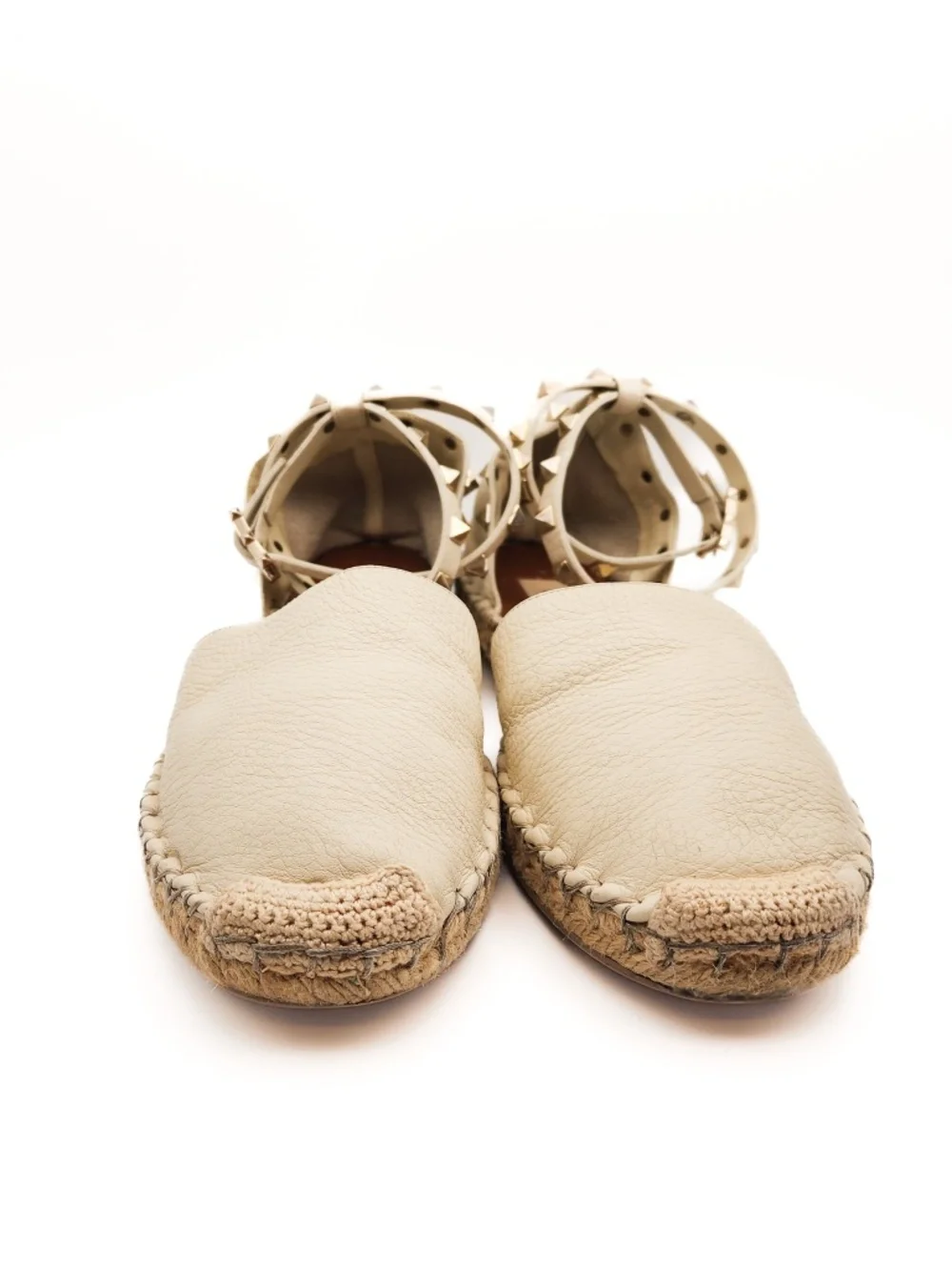 Valentino Garavani Rockstud Ivory Leather Espadrille Ankle Strap Flats EU 39